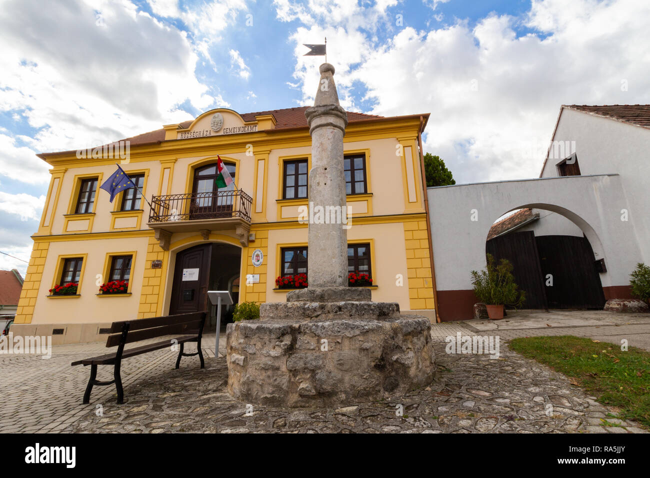 The Mayor`s office and the only pillory in Hungary located in its original Medieval place, in Fertorakos, Hungary Stock Photo